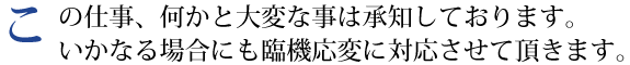 この仕事、何かと大変な事は承知しております。いかなる場合にも臨機応変に対応させて頂きます。